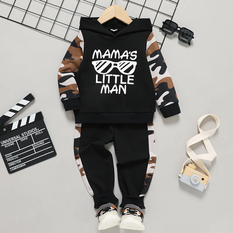

2pcs Toddler Boy Camouflage Letter Pattern Hooded Set
