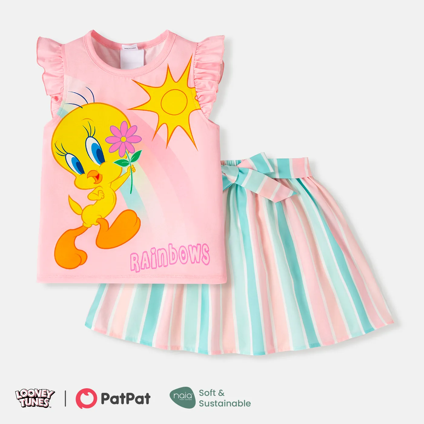 

Looney Tunes Toddler Girl 2pcs Character Print Flutter-sleeve Naia™ Tee and Stripe Belted Skirt Set