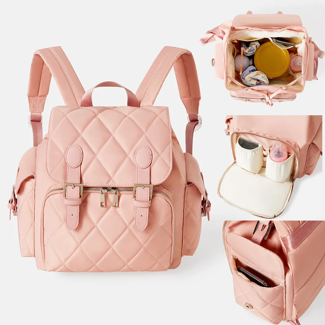 Quilted Baby Bag Backpack Multifunction Waterproof Travel Back Pack Nappy Changing Bags Baby Bag Pink big image 1