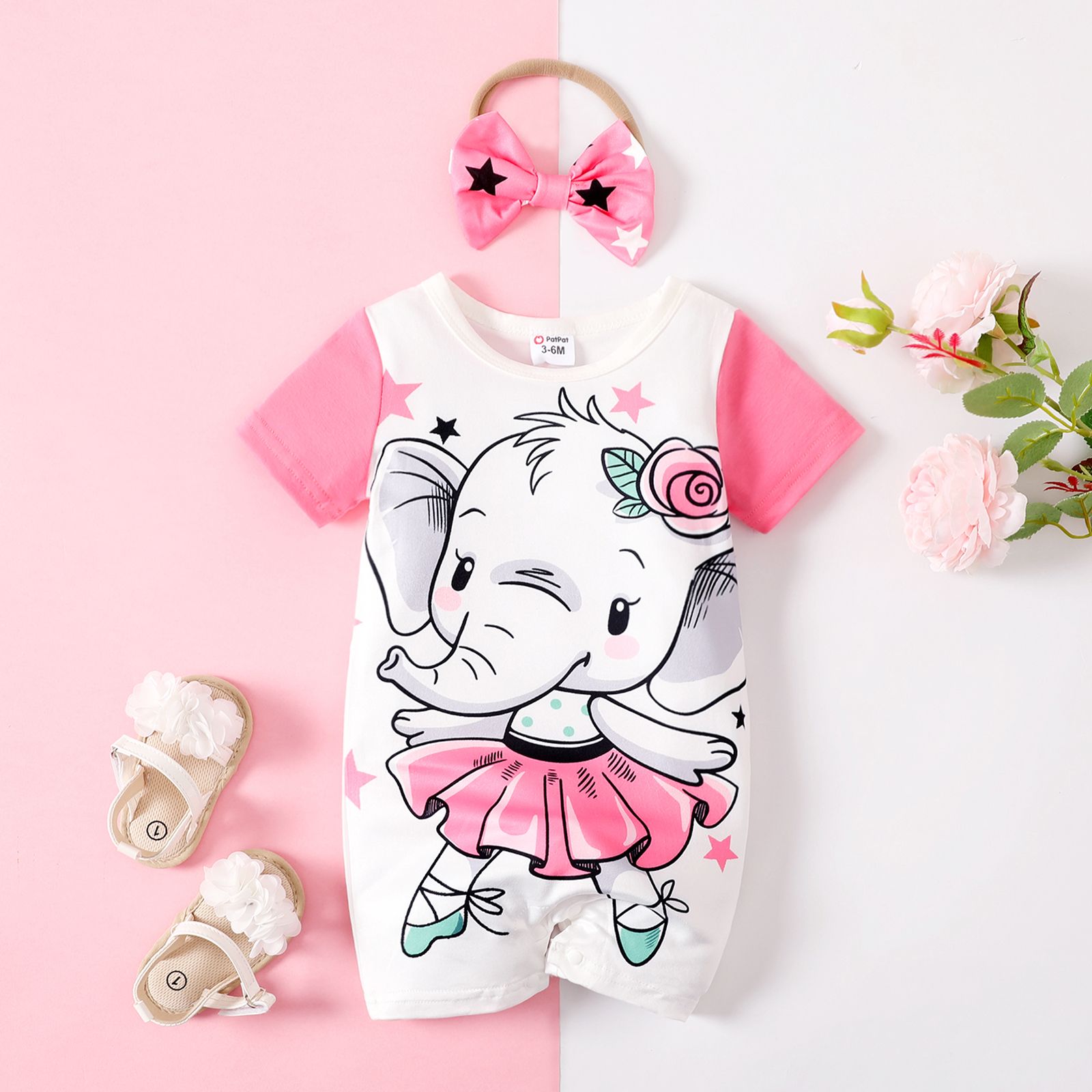 

2pcs Baby Girl Elephant Print Short-sleeve Jumpsuit and Headband Set