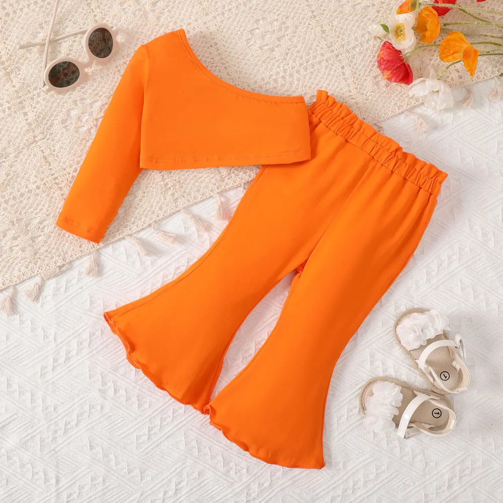 2pcs Baby Girl Solid One-Shoulder Cotton Top and Flared Pants Set big image 1