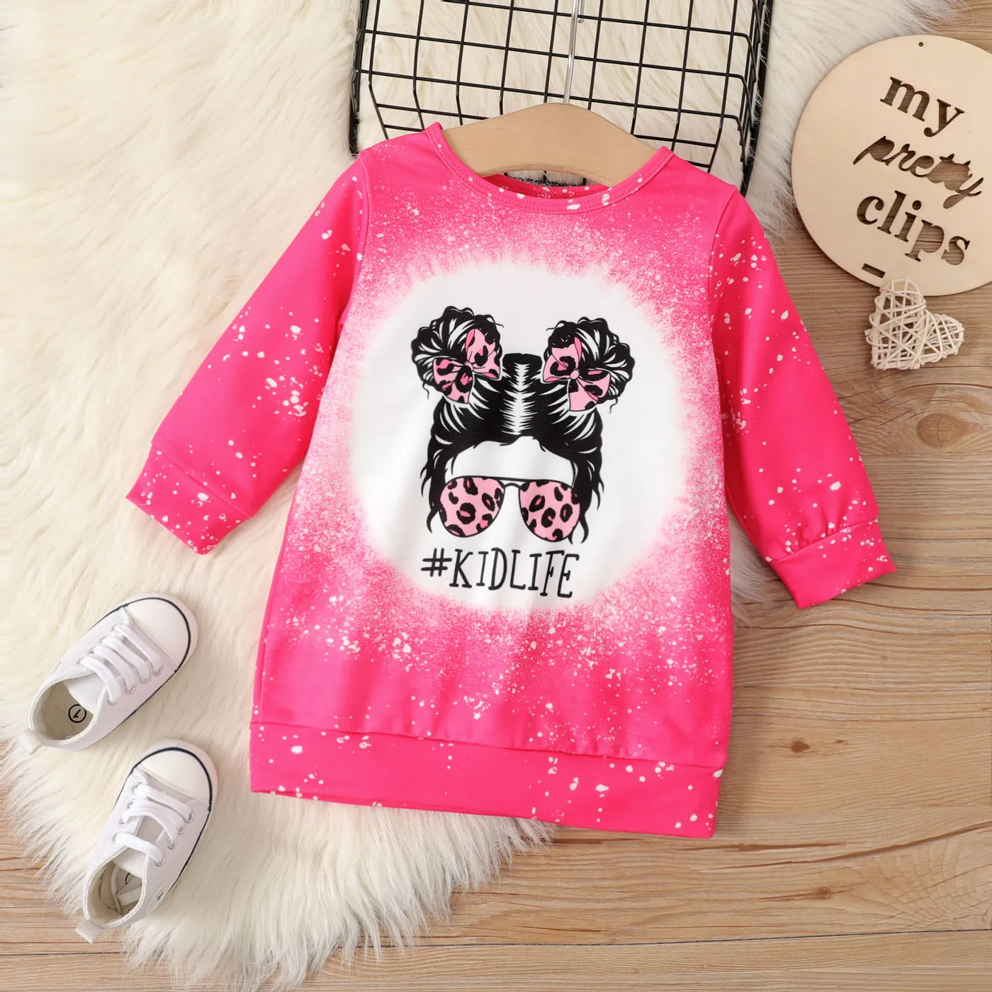 Baby Girl Figure & Letters Print Long-sleeve Dress  big image 1