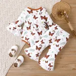 2pcs Baby Girl Butterfly Print Bow Decor Bell Sleeves Bodysuit and Flared Pants Set   image 2