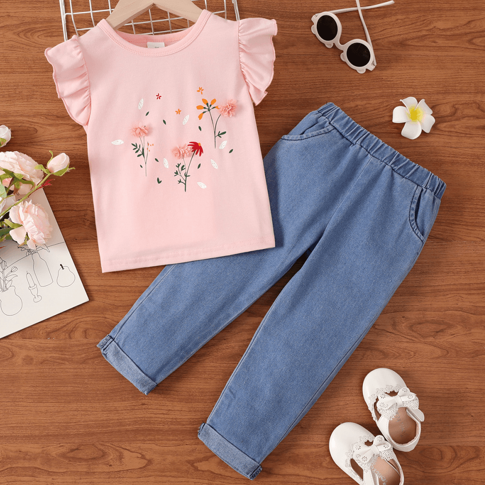 2pcs Toddler Girl Floral Pattern Ruffle Sleeve Top Et 100% Cotton Pockets Denim Pants Set