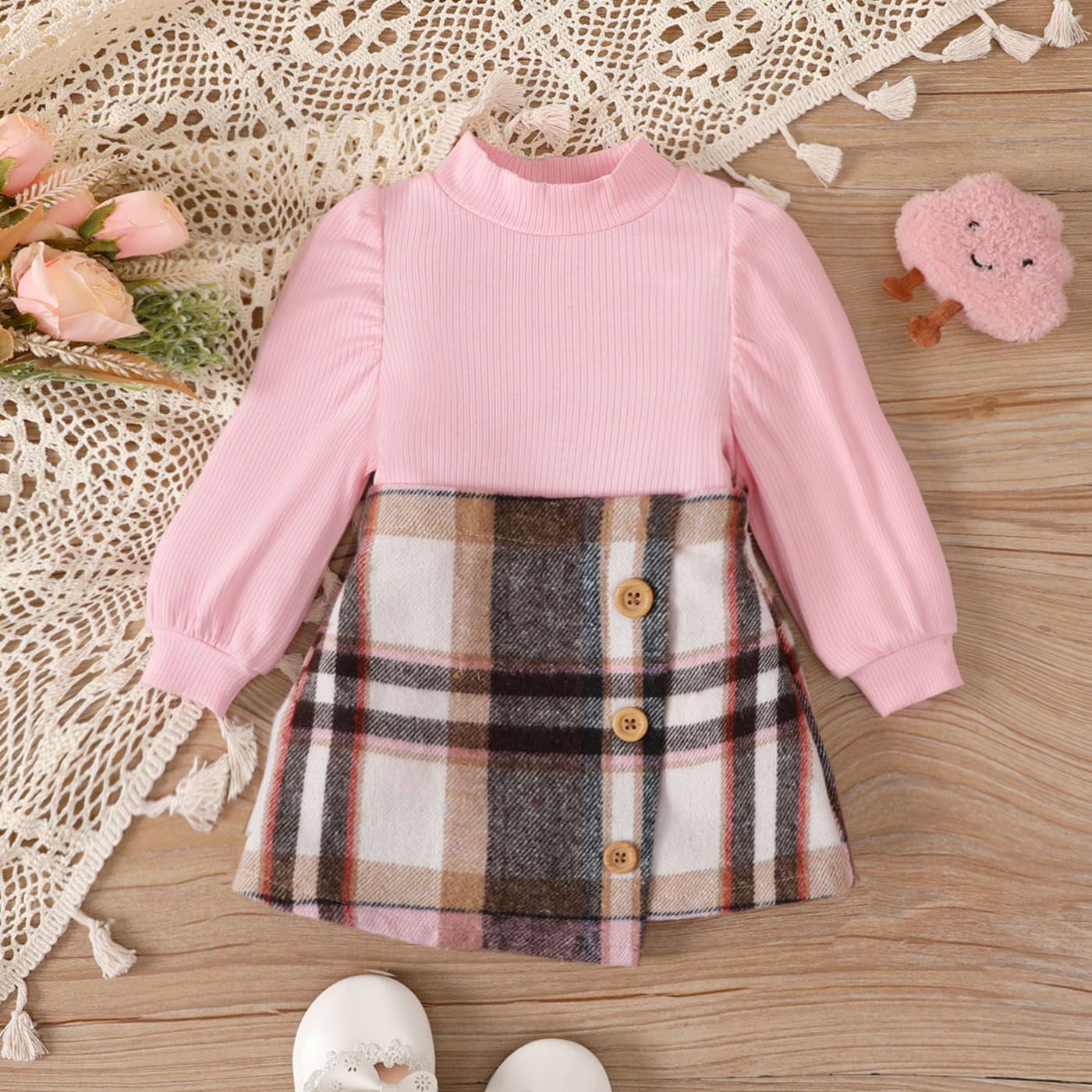 2pcs Baby Girl Ribbed Solid Long-sleeve Top And Buttons Front Plaid Skirt Set