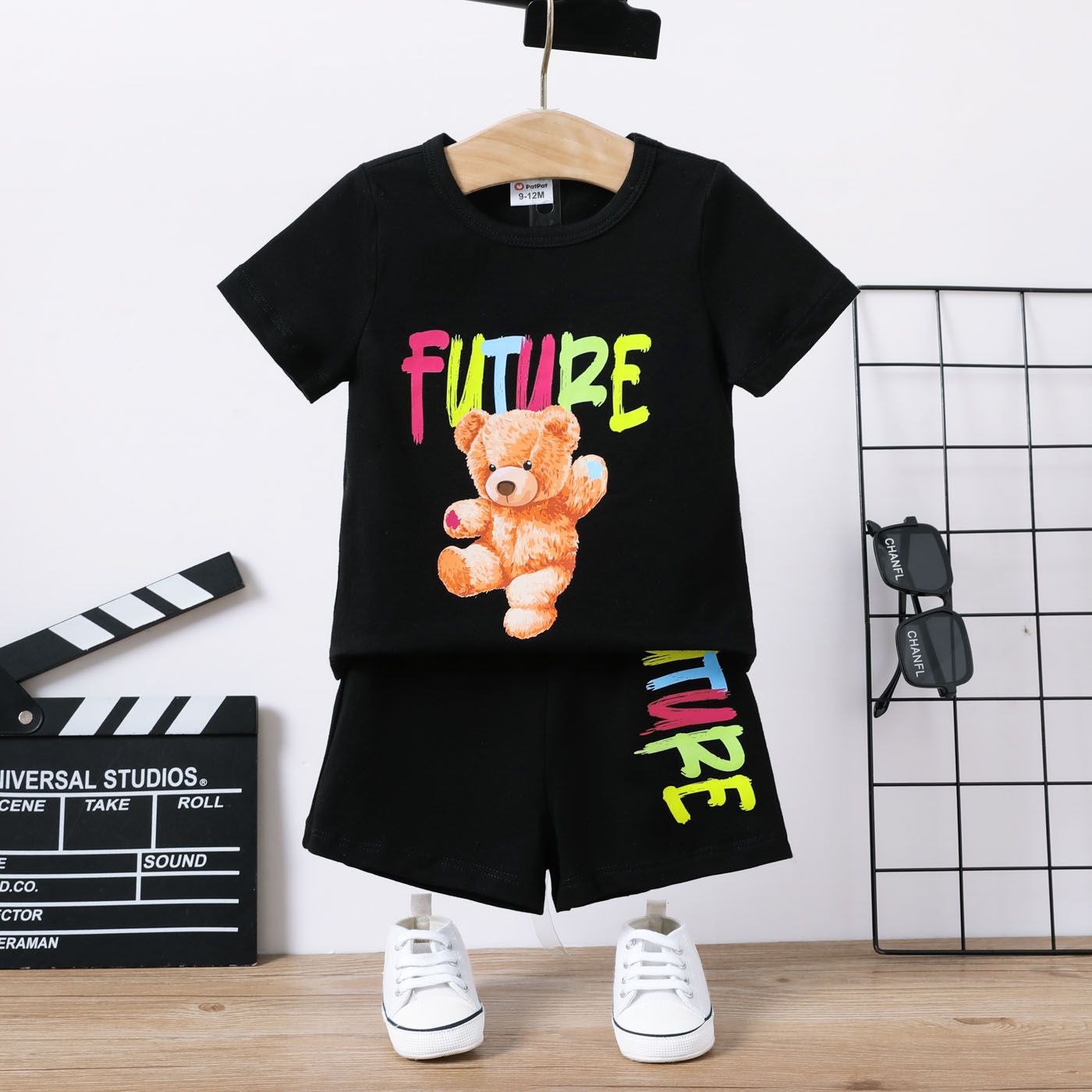 

2pcs Baby Boy Cotton Letters Bear Print Short-sleeve Tee and Shorts Set