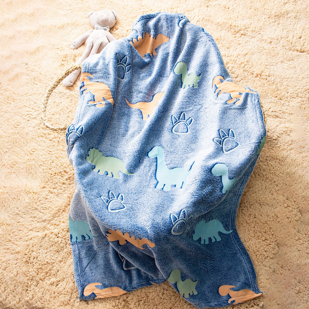 發光雙面絨毛毯兒童卡通恐龍扔毯子午睡毯