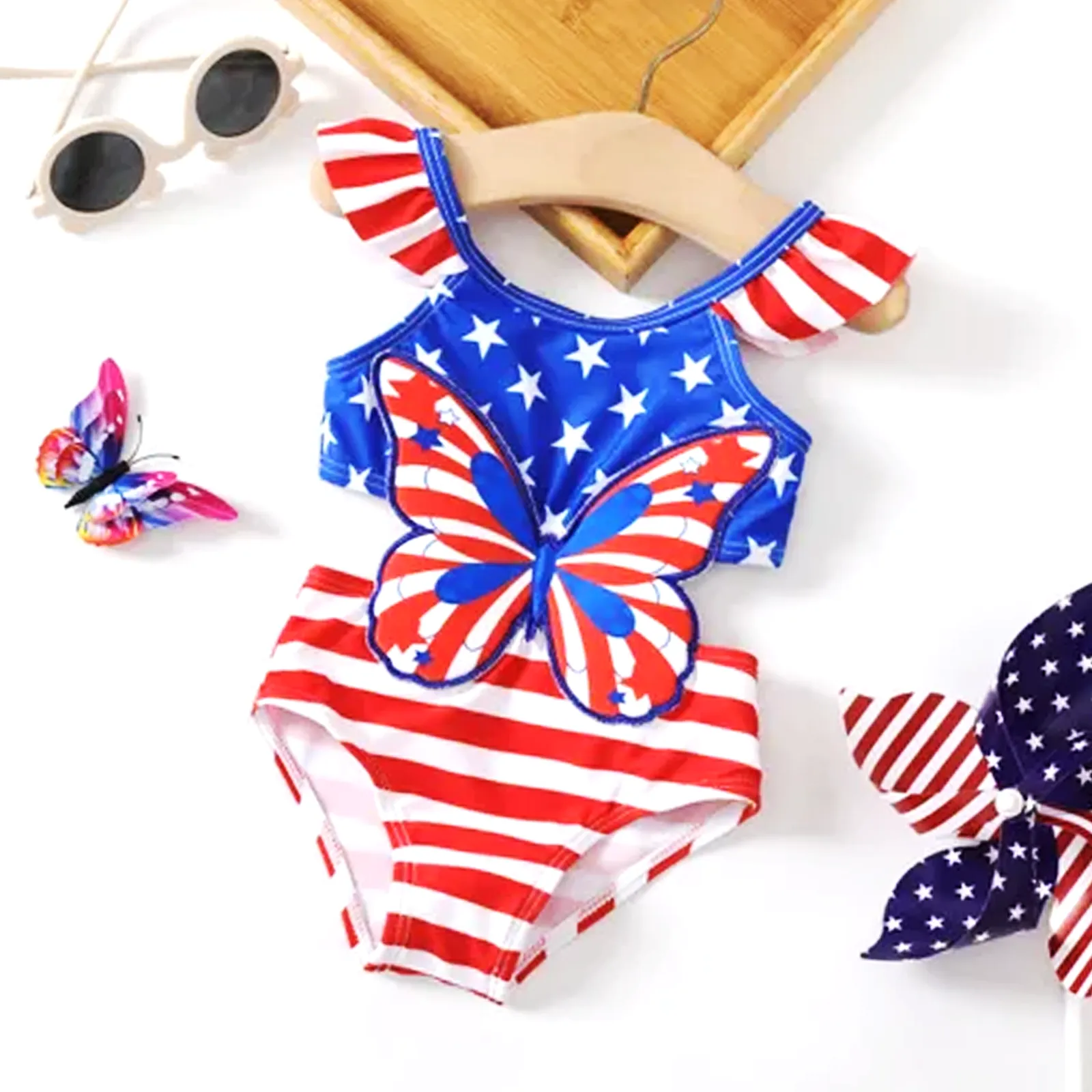 Independence Day Baby Girl Butterfly Graphic One Piece Swimsuit  Red big image 1