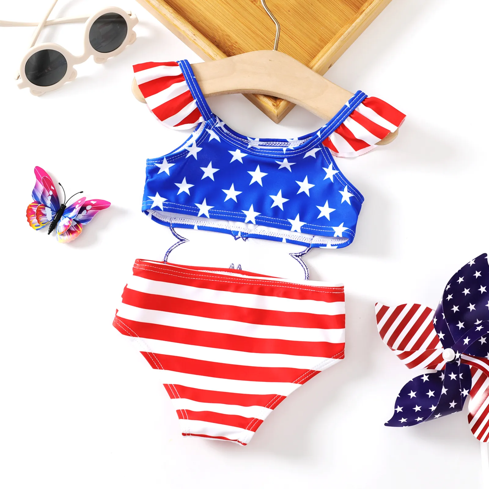 Independence Day Baby Girl Butterfly Graphic One Piece Swimsuit  Red image 2