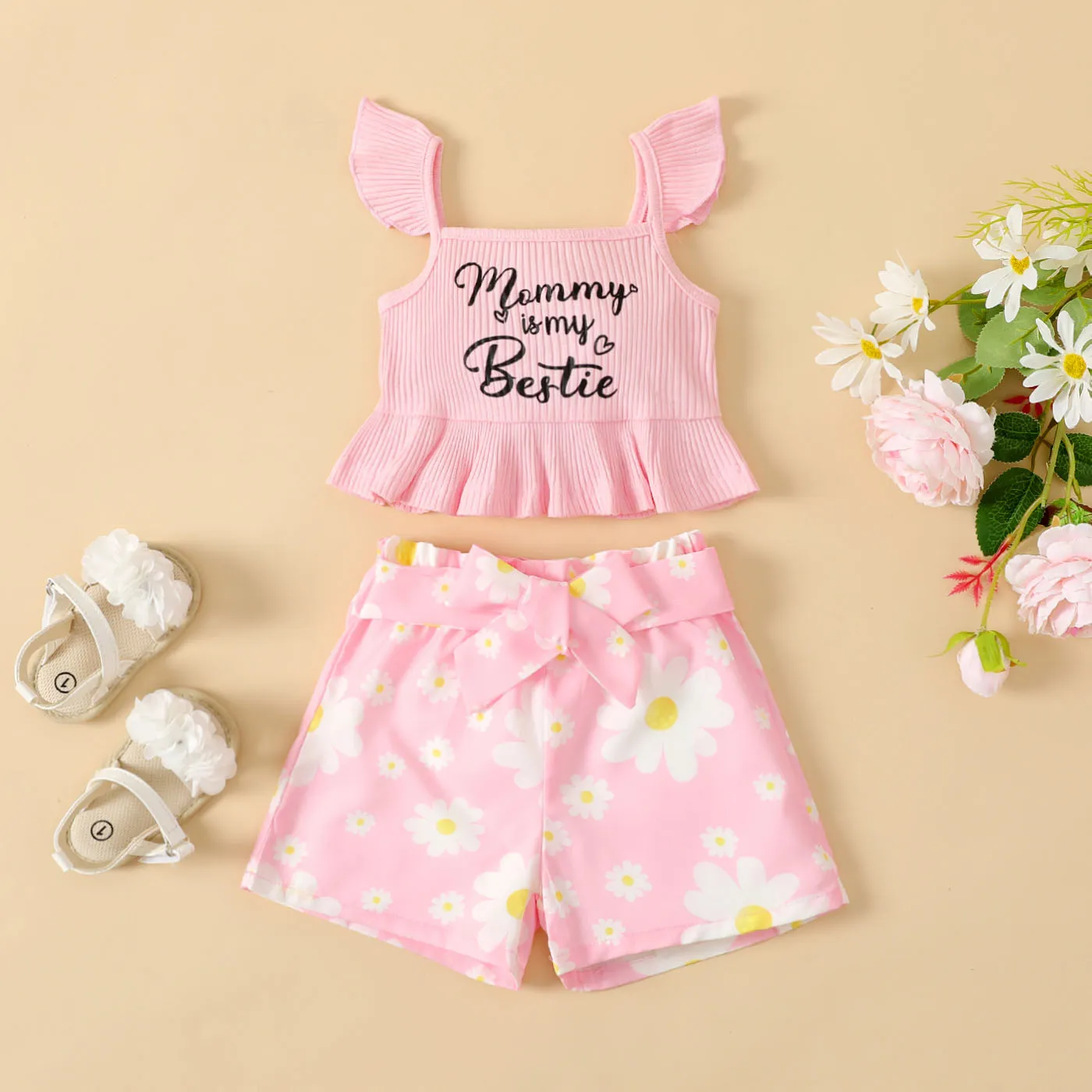2pcs Baby Girl Letter Print Ruffle Hem Flutter-sleeve Rib-knit Top And Floral Print Belted Shorts Set