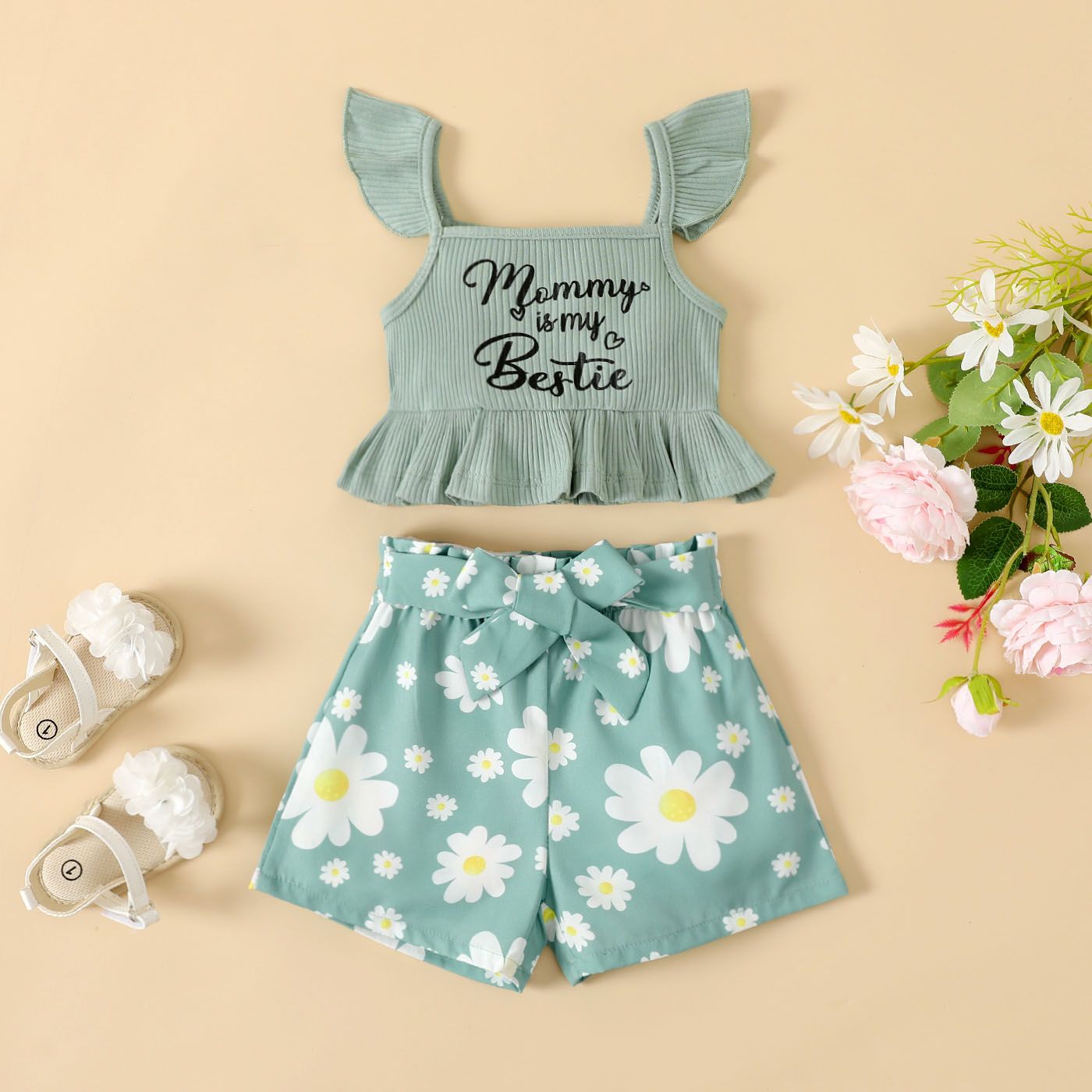 2pcs Baby Girl Letter Print Ruffle Hem Flutter-sleeve Rib-knit Top and Floral Print Belted Shorts Se
