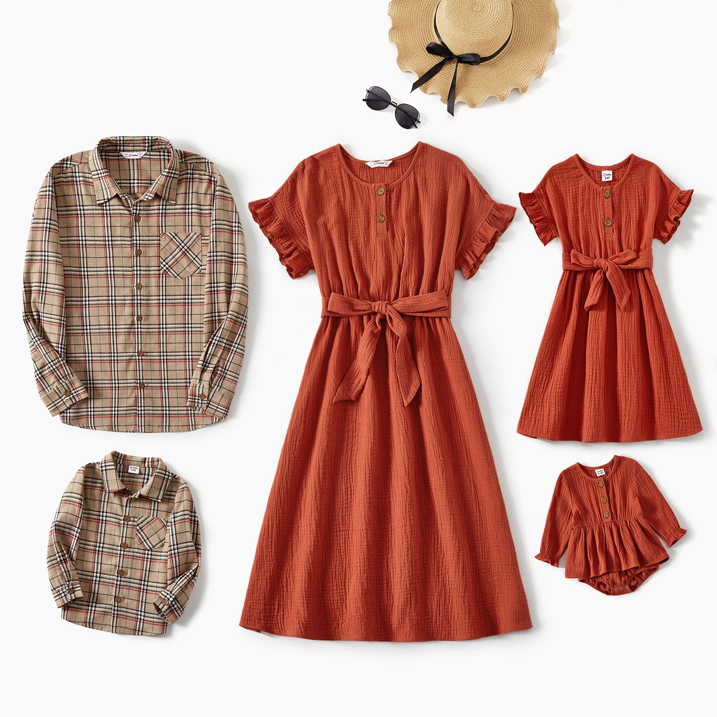 Family Matching Solid Pleated Dresses And Plaid Long Sleeve Tops Sets