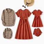 Family Matching Solid Pleated Dresses and Plaid Long Sleeve Tops Sets  image 2