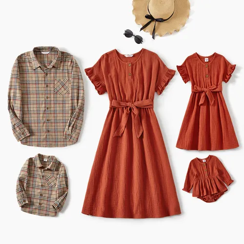 Family Matching Solid Pleated Dresses and Plaid Long Sleeve Tops Sets