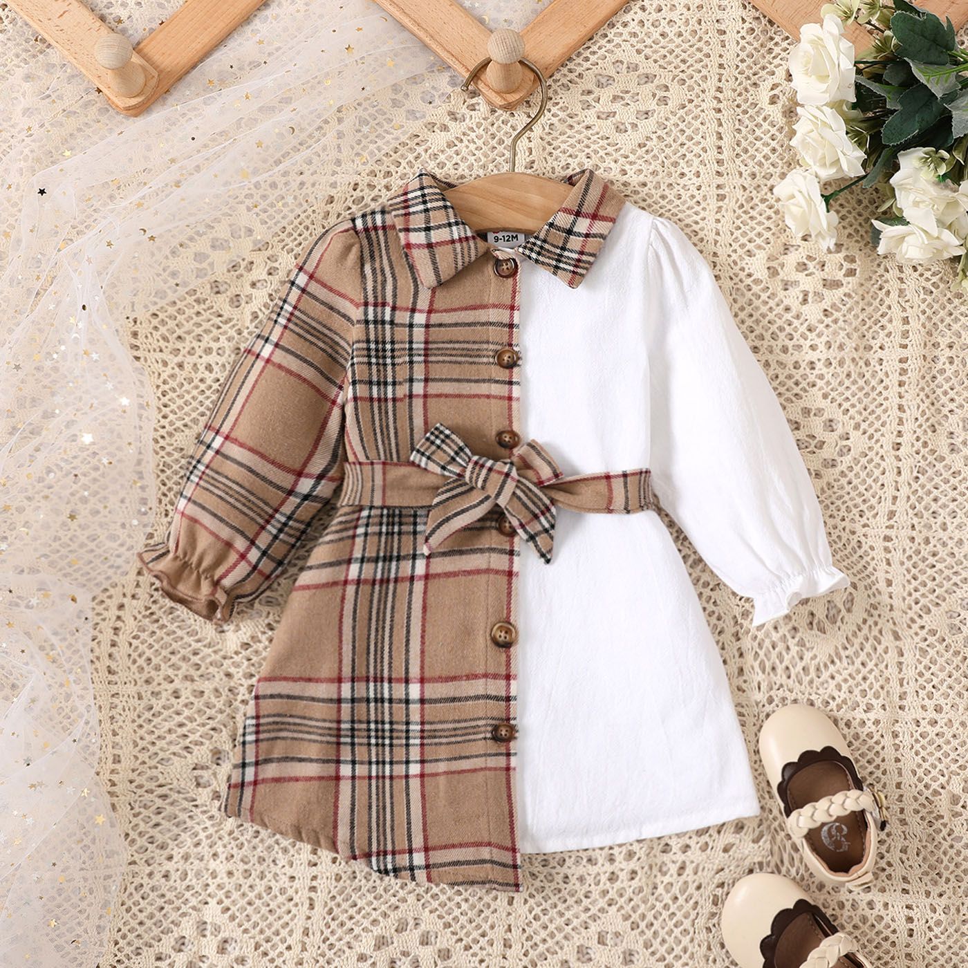

Baby Girl Plaid Panel Belted Long-sleeve Shirt Dress