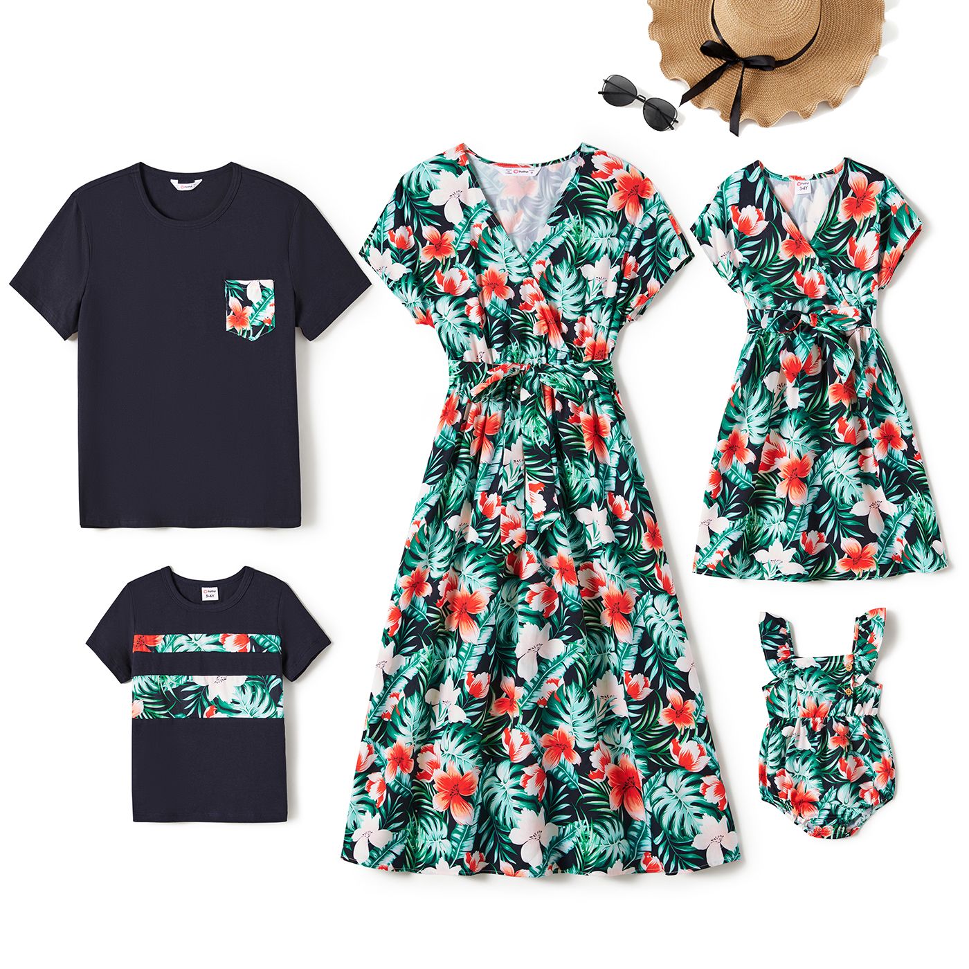 Family Matching Allover Floral Print Belted Dress And Short-sleeve Tee Sets