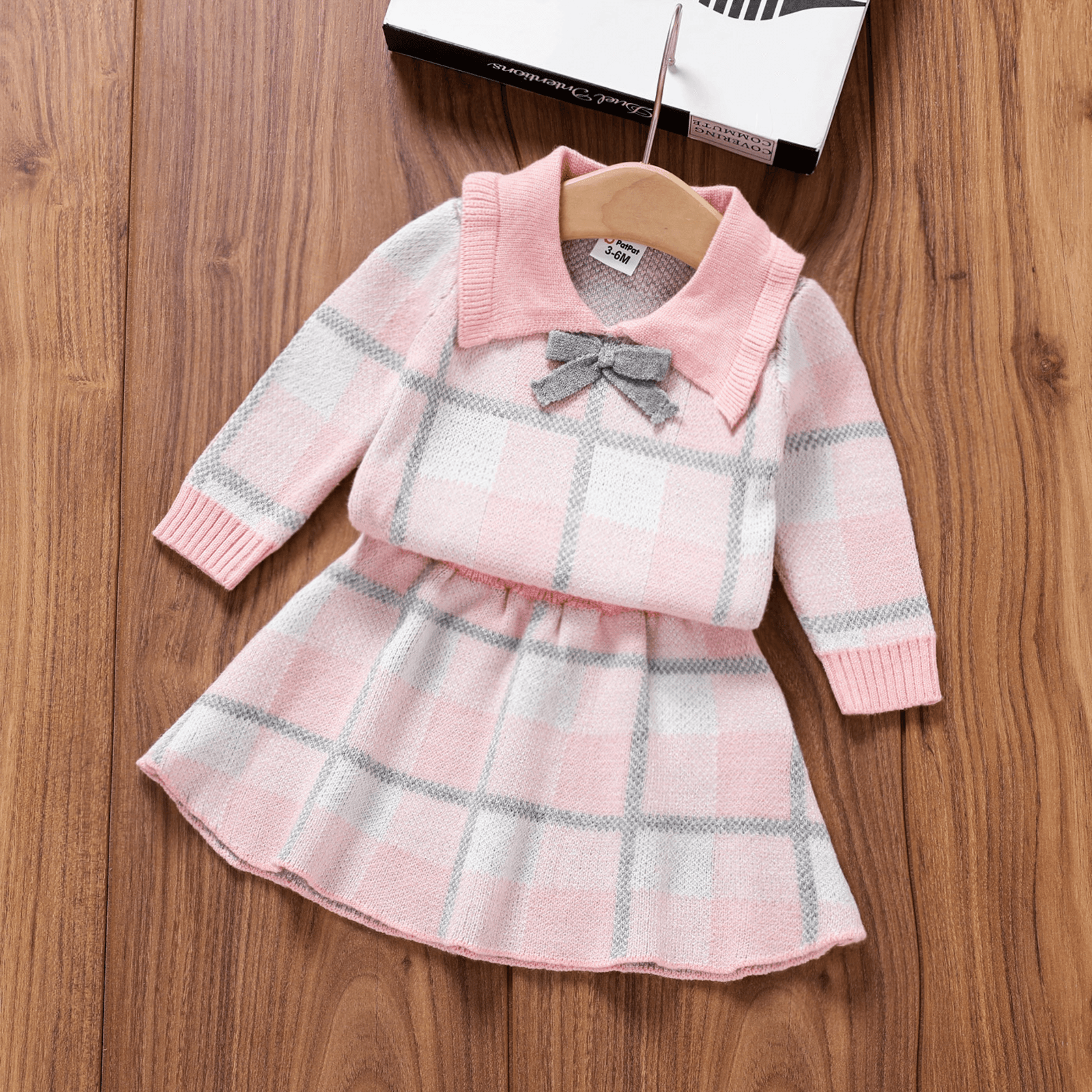 2pcs Baby Girl Plaid Bow Tie Lapel Collar Long-sleeve Top And Skirt Set