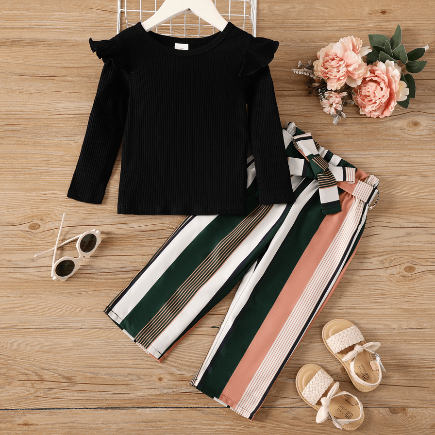 

2pcs Toddler Girl Rib-knit Long-sleeve Top and Stripe Belted Pants Set