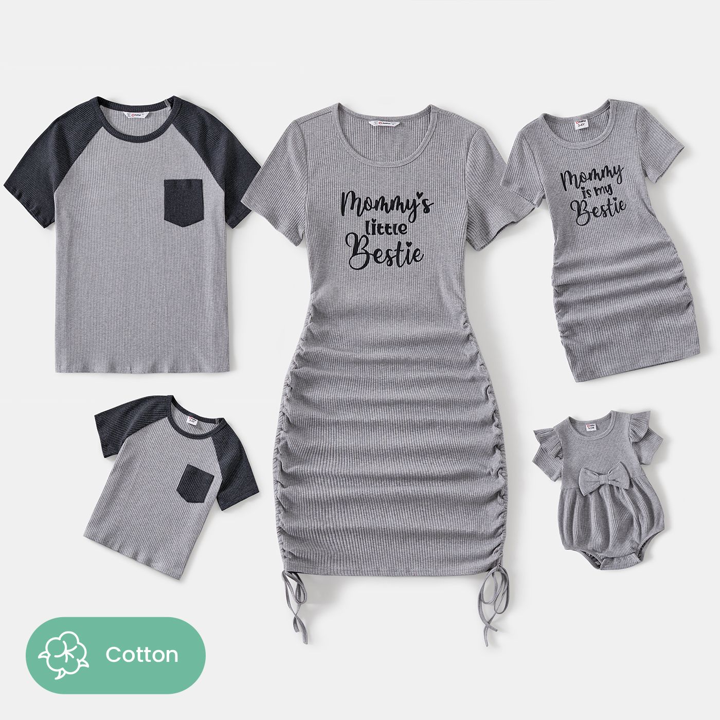 Famille Matching Letter Print Cordon Côté Ruched Robes à Manches Courtes Et Cotton Colorblock T-shirts Sets