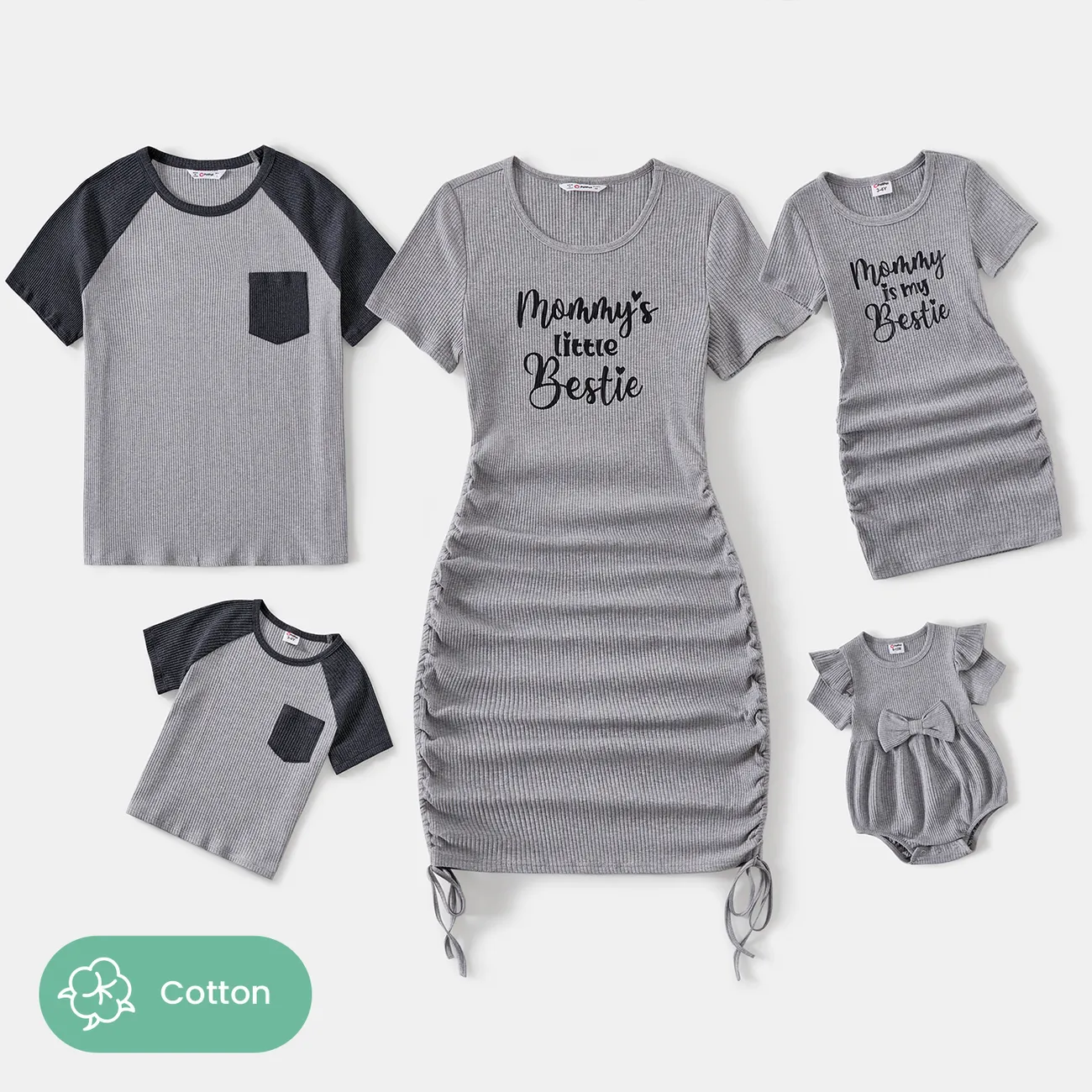 Family Matching Letter Print Drawstring Ruched Side Short-sleeve Dresses and Cotton Colorblock T-shirts Sets Grey big image 1