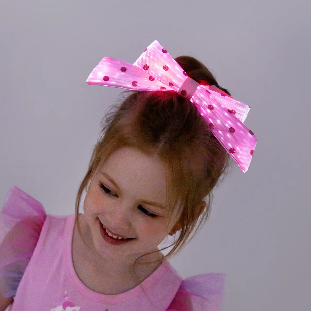 Faixa de cabelo de malha de bolinhas com glitter iluminado rosa bowknot para menina Rosa big image 1