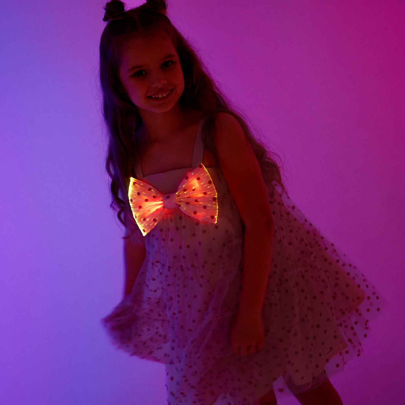 Go-Glow Illuminating Pink Dress with Light Up Removable Bowkont  Glitter Polka dots Including Contro