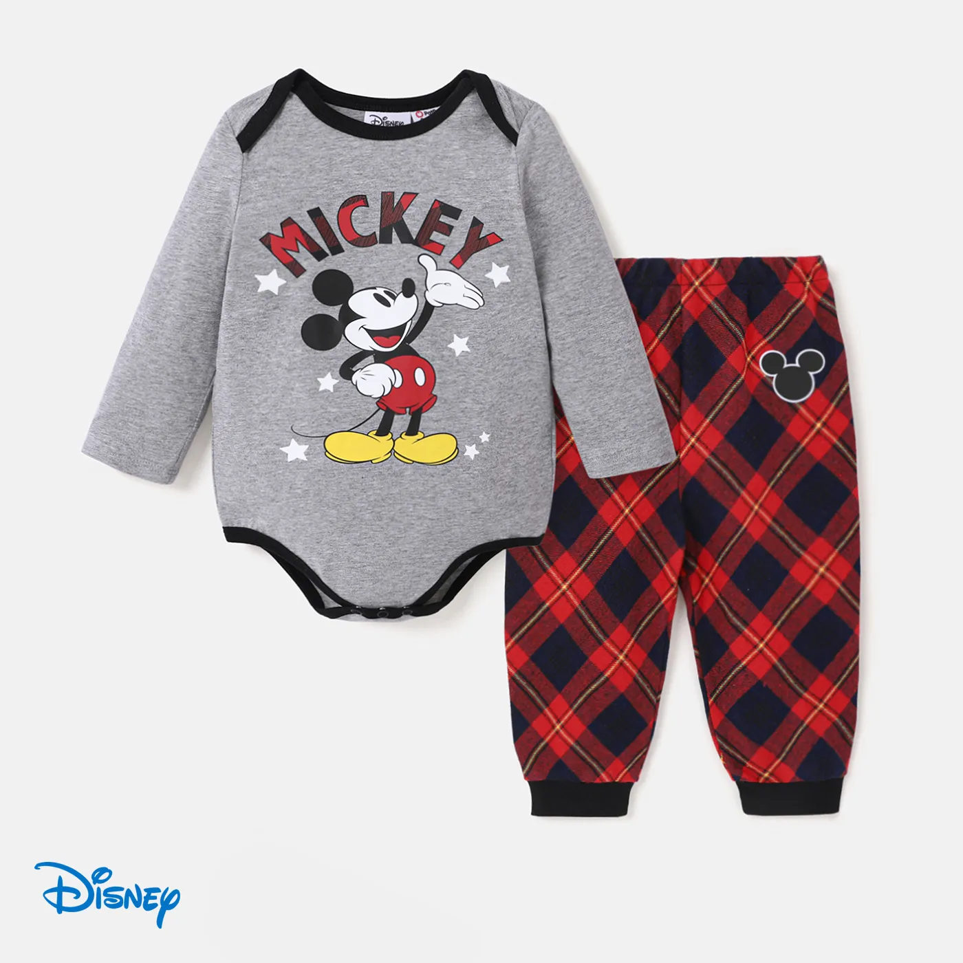 

Disney Mickey and Friends Baby Girl/Boy 2pcs Character & Letter Print Long-sleeve Onesies and Plaid Pants Set