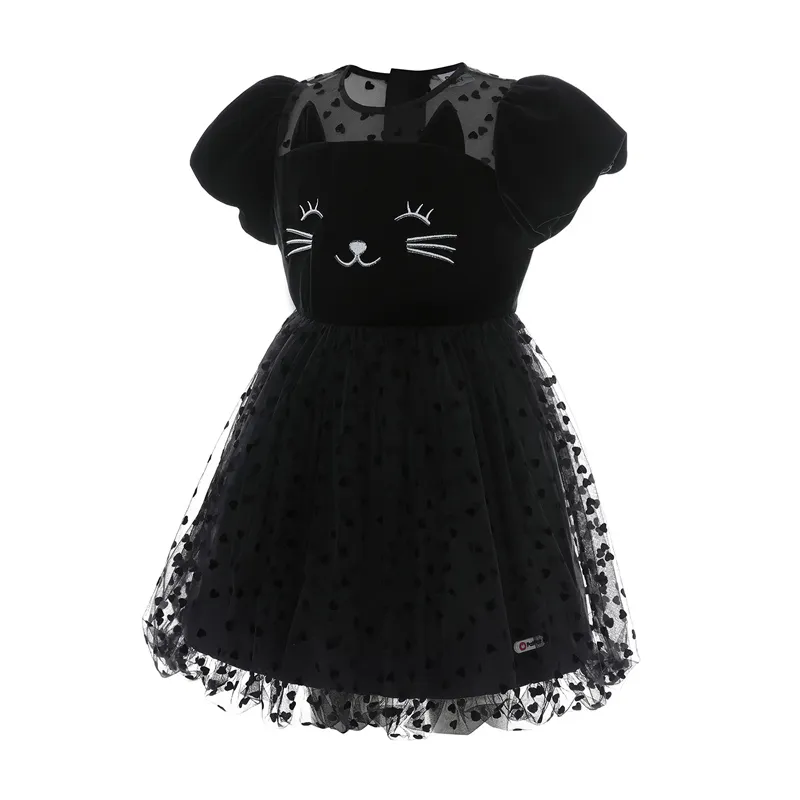 فستان سهرة للحفلات بأكمام شبكية مطرزة مطرزة من القطة المضيئة لفتاة صغيرة أسود big image 1