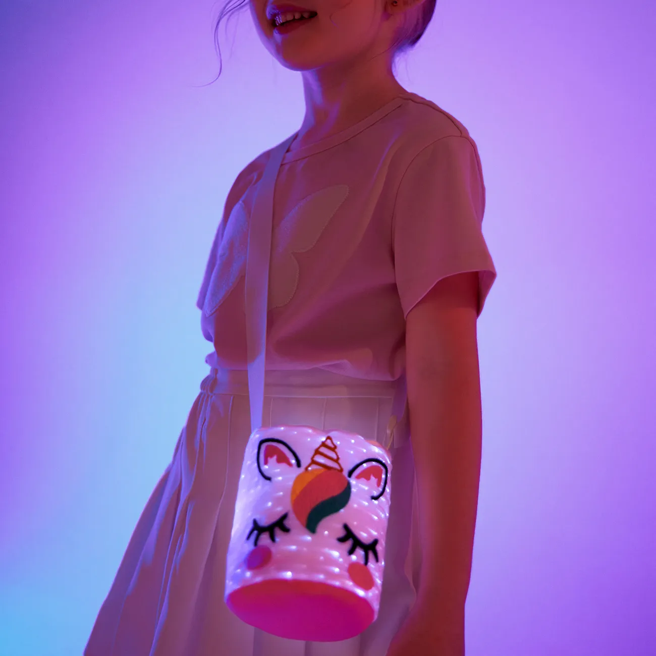 Go-Glow Light Up Bottle Bag Unicorn Embroidered Adjustable Cross-body Including Controller (Battery Inside) White big image 1