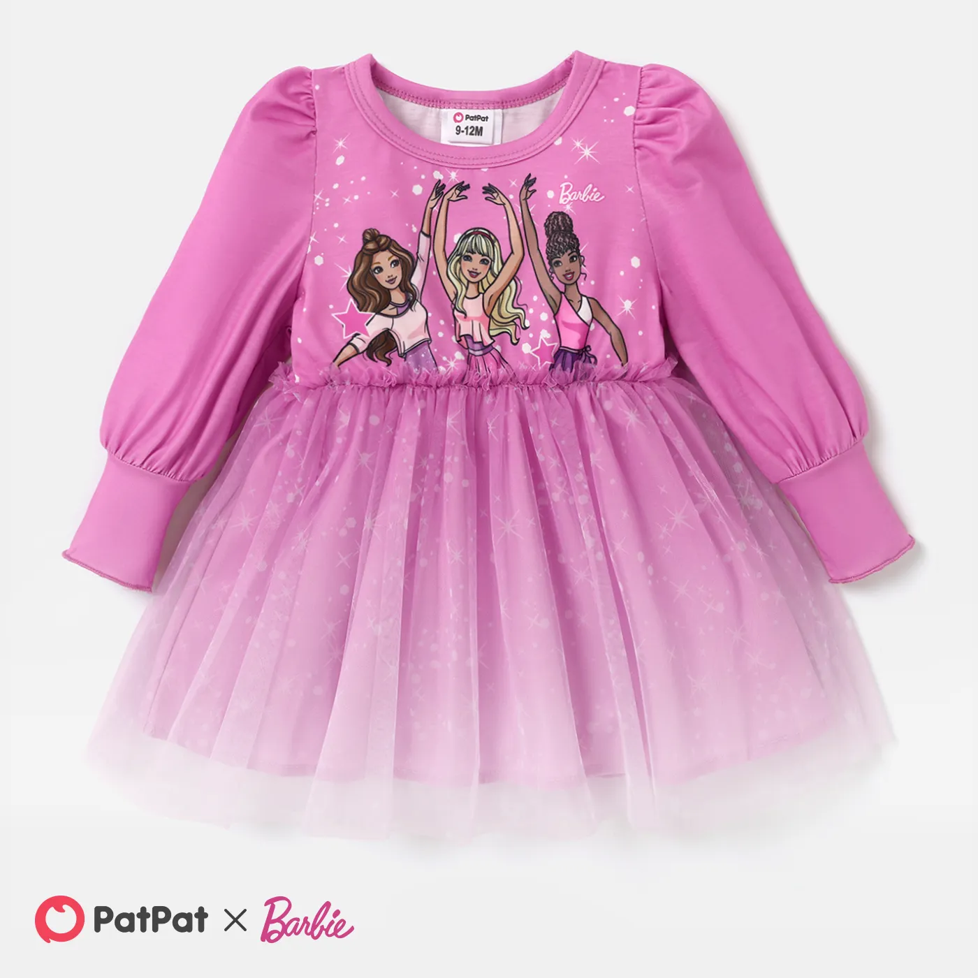 Barbie Baby/Toddler Girl Figure Print Long-sleeve Mesh Panel Dress