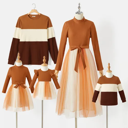 Family Matching Belted Long Sleeve Mesh Dresses and Color-Block Long Sleeve Sweater Sets