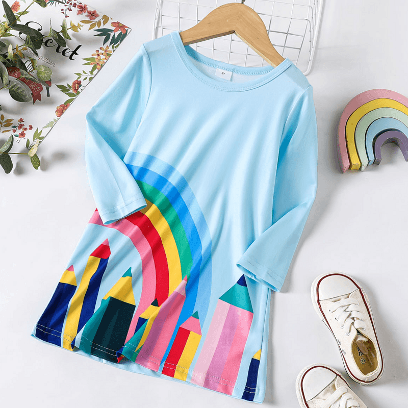 

Toddler Girl Rainbow and Pen Pattern Dress