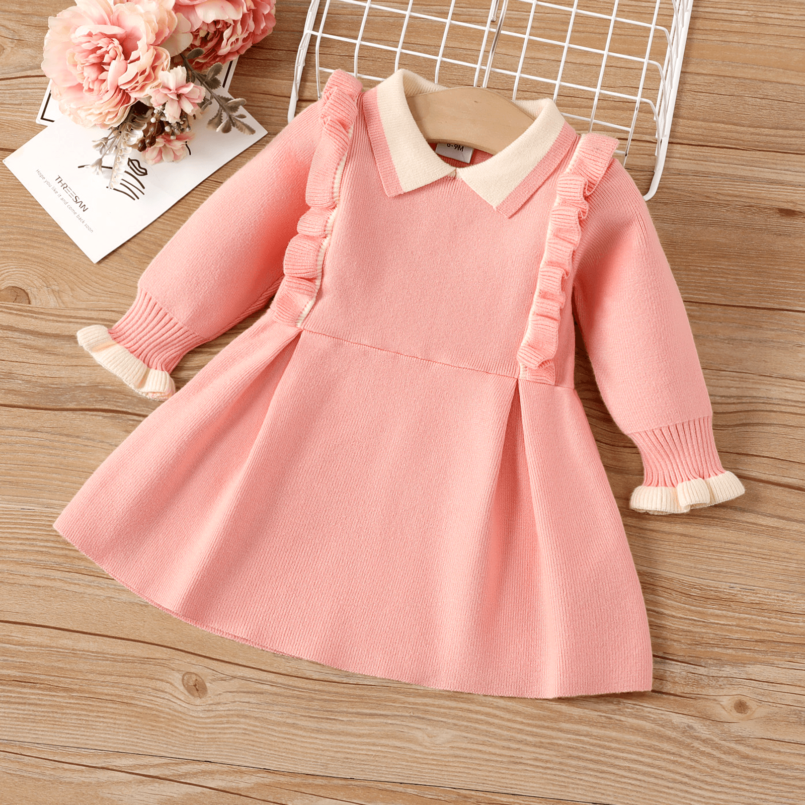 Baby Girl Sweet Solid Color Ruffle Edge Robe à Manches Longues