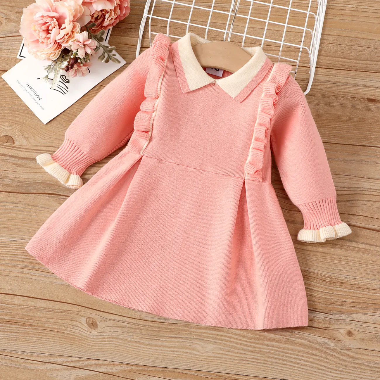 Baby Girl Sweet Solid Color Ruffle Edge Long Sleeve Dress Pink big image 1