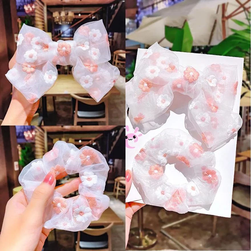 2-pack Bow Decor Floral Embroidery Mesh Hair Clip & Scrunchie for Mom and Me