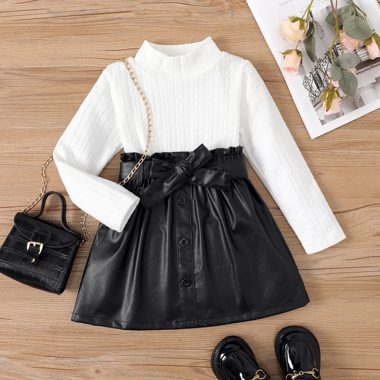 2 PCS Kid Girl Textured Fabric Bandage Skirt Set Kids-White big image 1