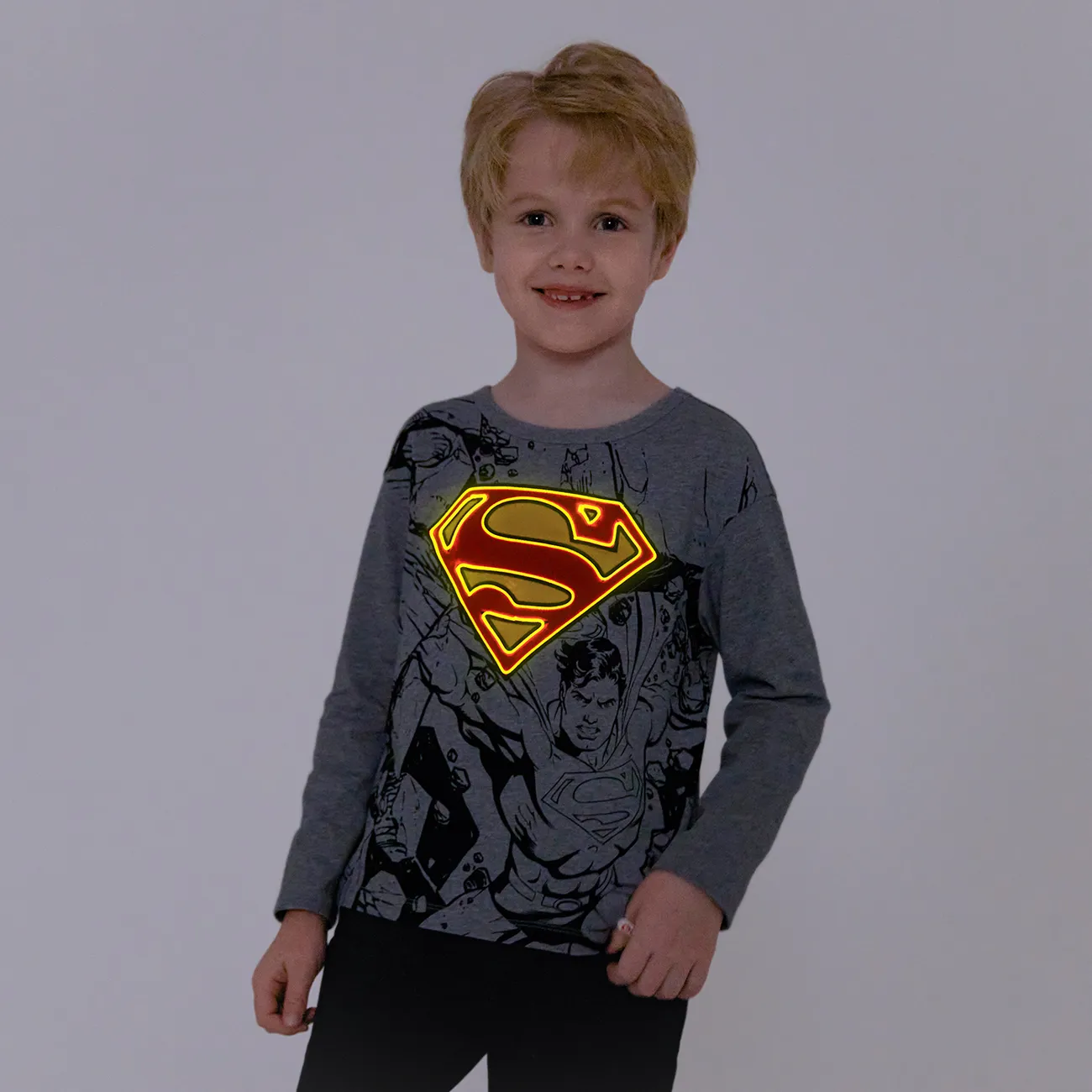 Go-Glow Illuminating Grey Sweatshirt mit leuchtendem Superman-Muster grau gesprenkelt big image 1