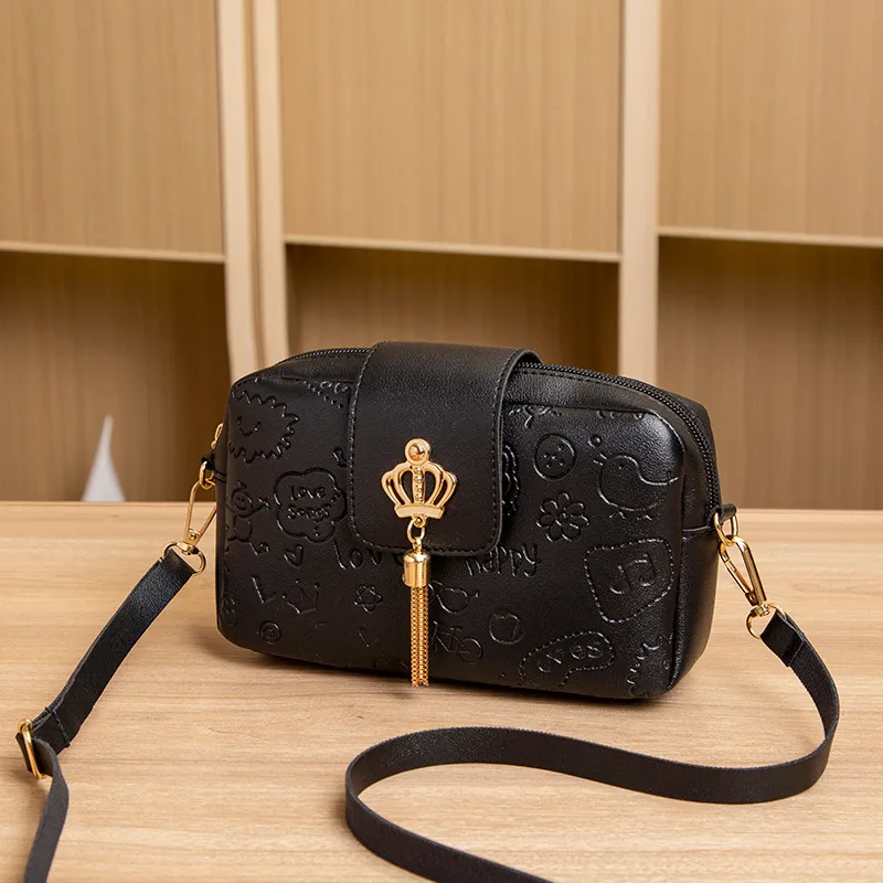Girls exquisite print camera bag, shoulder/cross-body dual-use bag Black