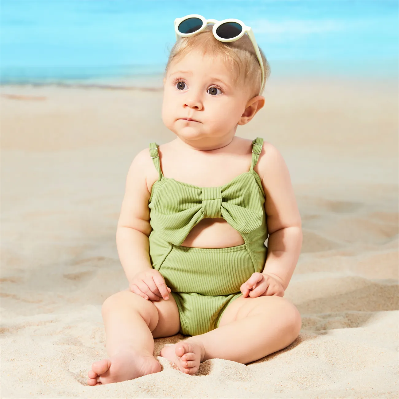 Baby Girl Solid Bow Front Rib-knit One Piece Swimsuit Green big image 1