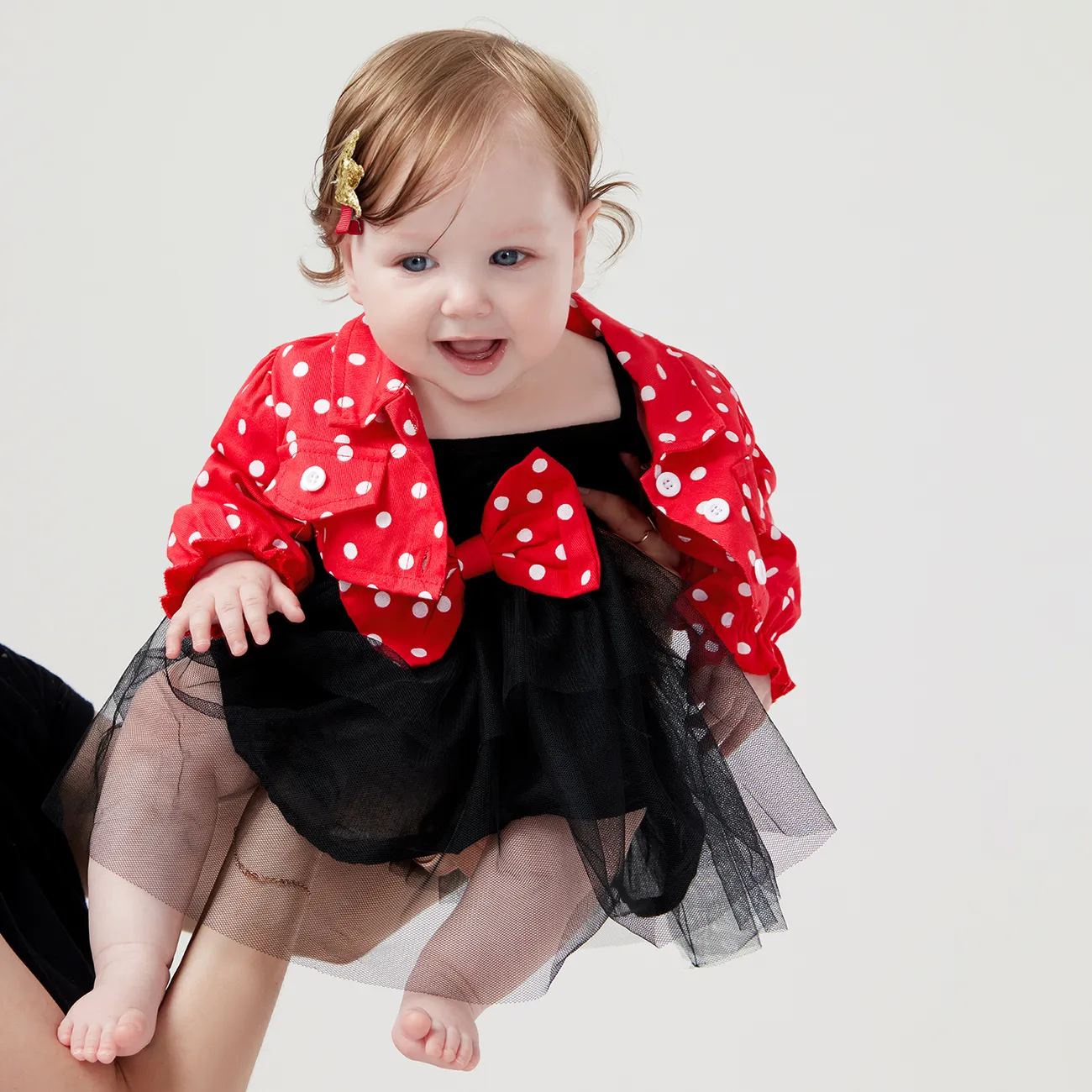 3pcs Baby Girl 100% Cotton Long-sleeve Polka Dots Crop Jacket and Rib Knit Spliced Mesh Cami Fairy Dress with Headband Set Black big image 1