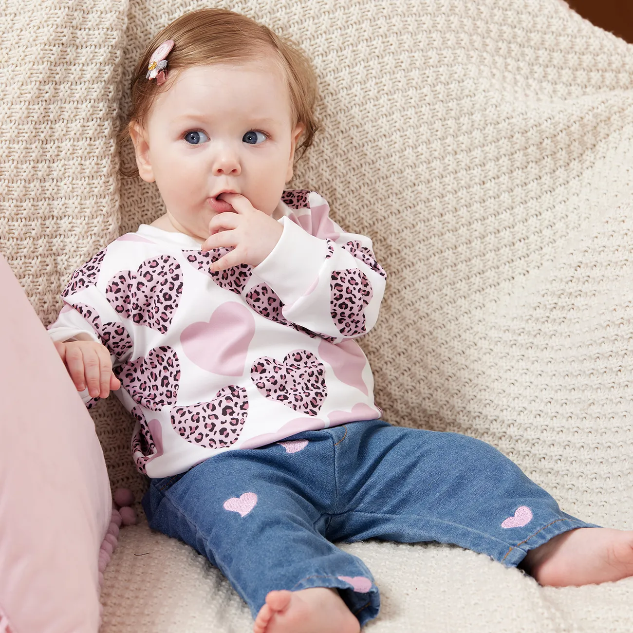 Baby Girl Heart Leopard Print Denim Jeans/ Sweatshirt White big image 1