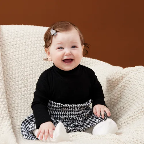 2pcs Baby Girl Half Turtleneck Rib-knit Top and Houndstooth Skirt Set