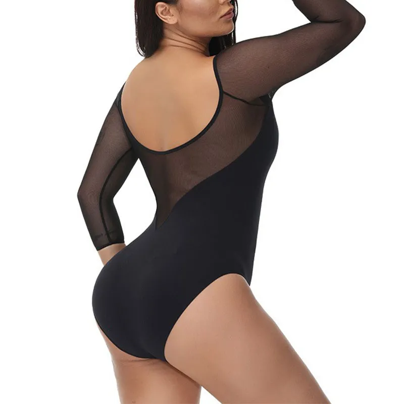 Breathable Black Long-Sleeve Bodysuit with Mesh Elasticity for Body Shaping  image 3
