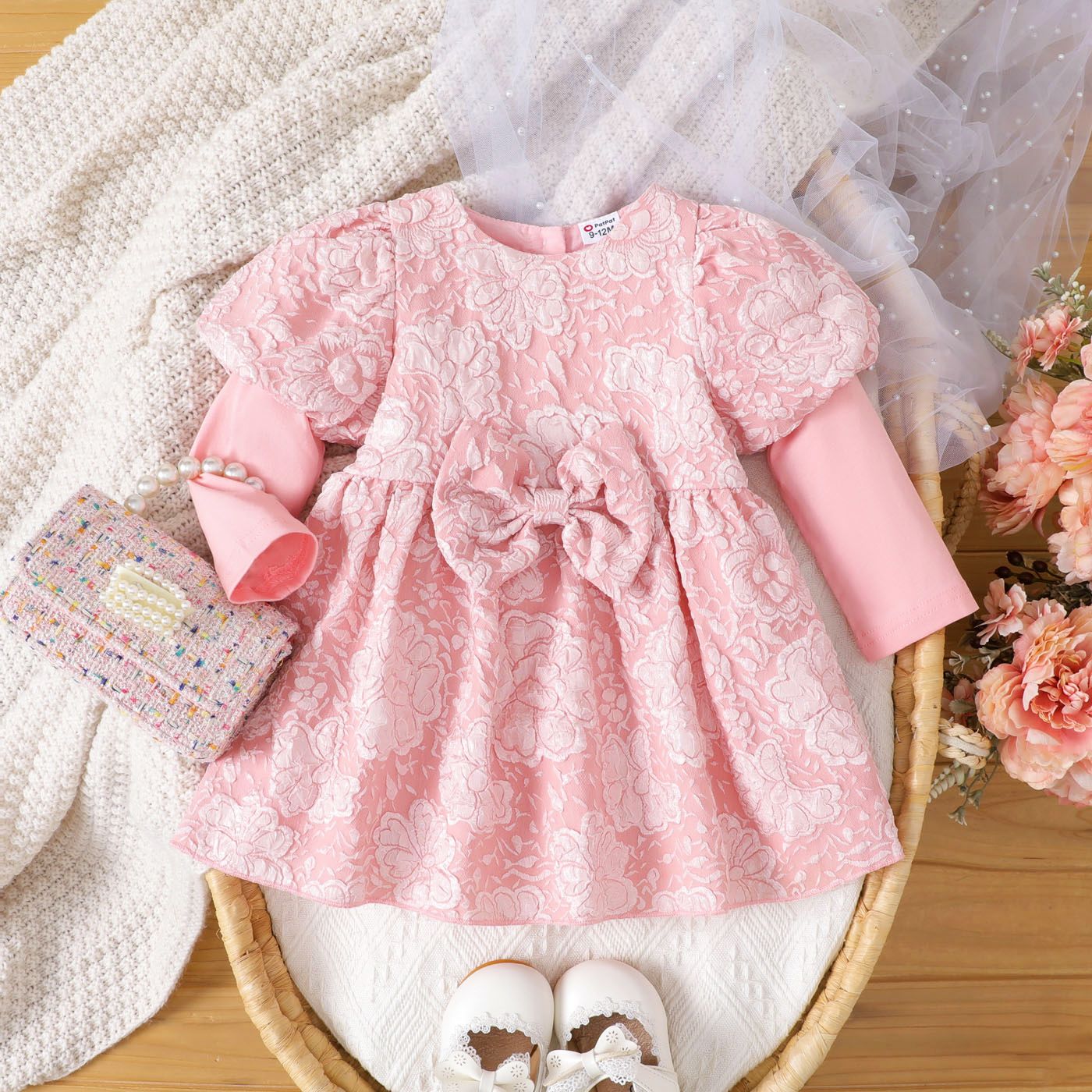 Baby Girl Floral Graphic Bow Decor Puff-sleeve Dress