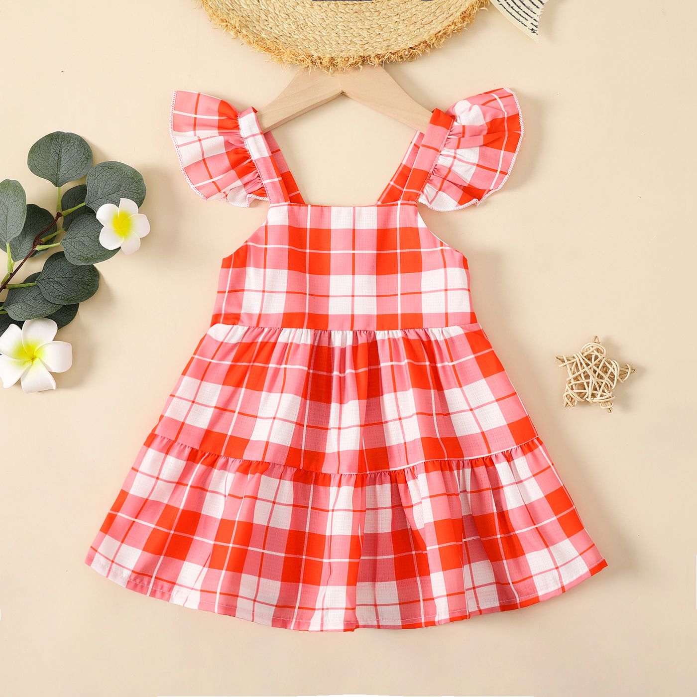 

Baby Girl Plaid Flutter-sleeve Dress