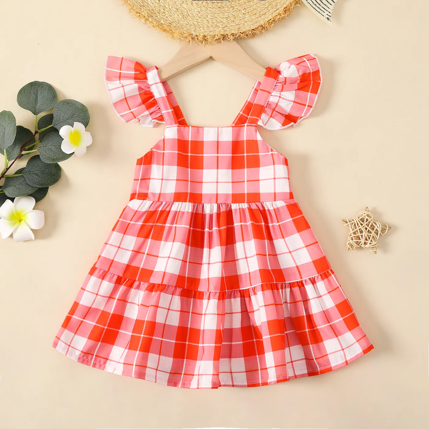 Baby Girl Plaid Flutter-sleeve Dress  big image 1