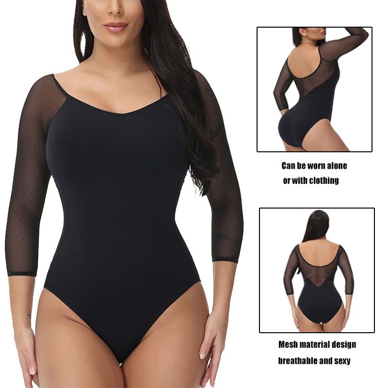 Breathable Black Long-Sleeve Bodysuit With Mesh Elasticity For Body Shaping