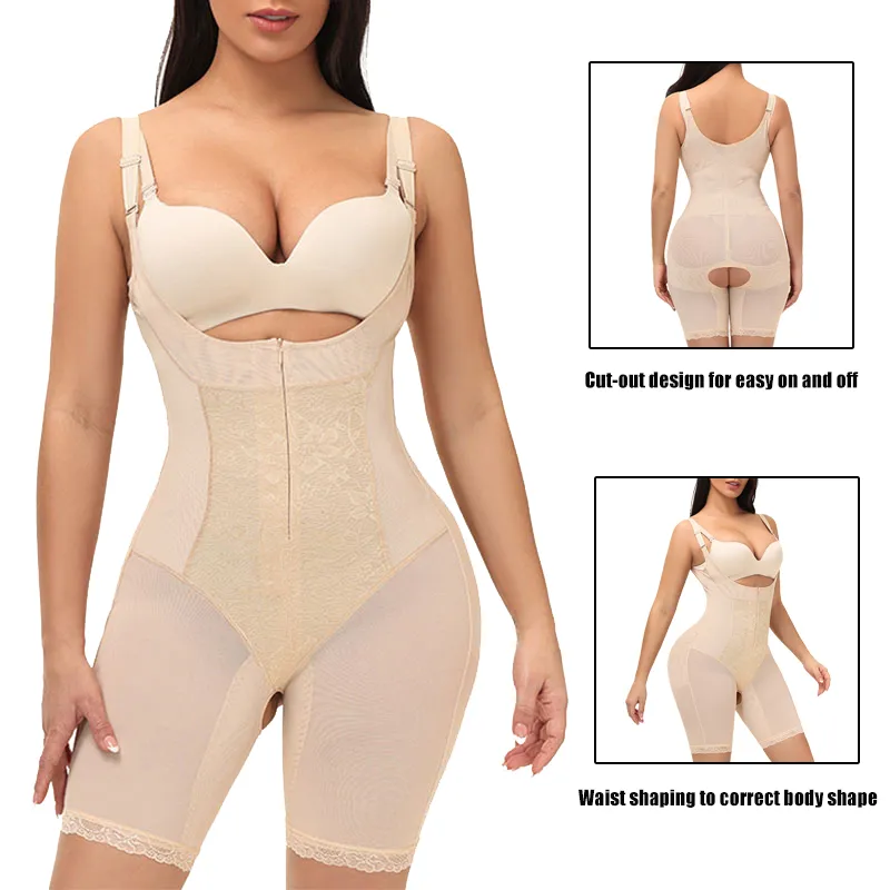 Full Bodysuit Shapewear With Zipper And Hooks Suitable For Postpartum Recovery