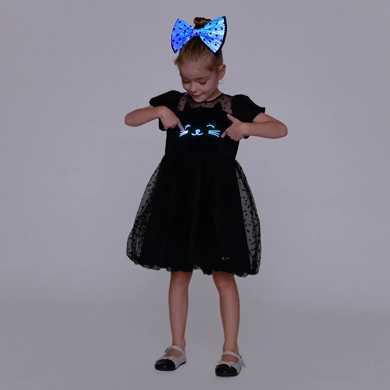 فستان سهرة للحفلات بأكمام شبكية مطرزة مطرزة من القطة المضيئة لفتاة صغيرة أسود big image 1