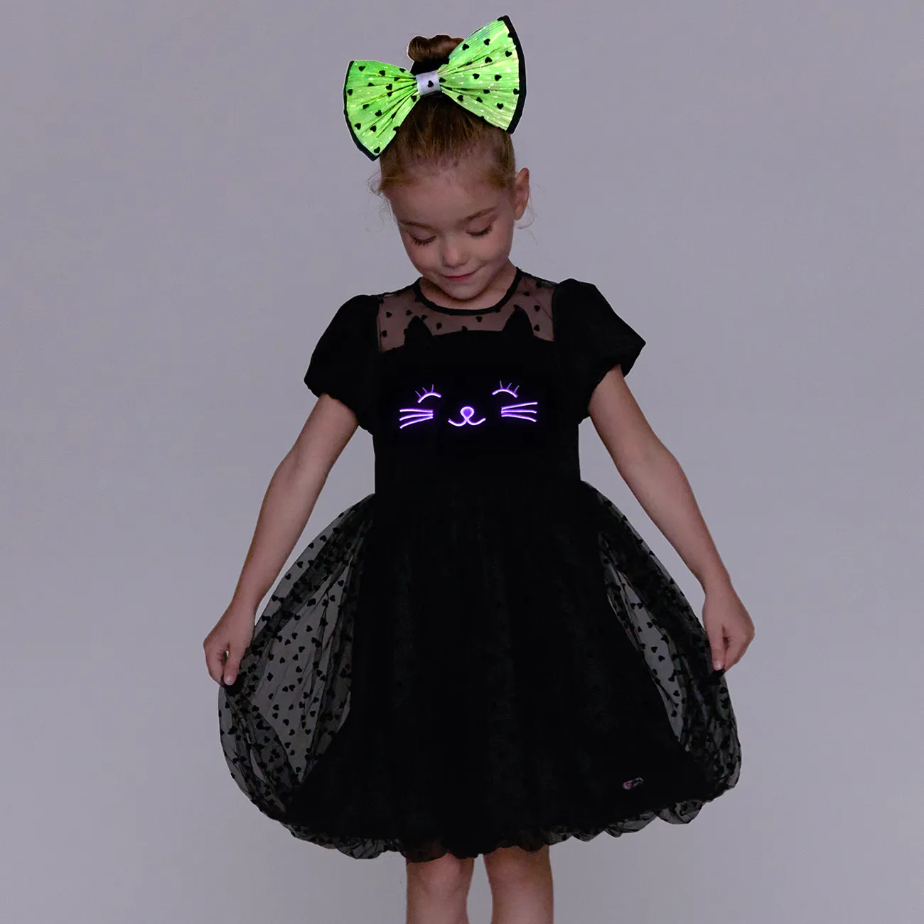 Go-Glow Illuminating Toddler Dress with Light Up Cat Pattern Including Controller (Battery Inside) Black big image 1